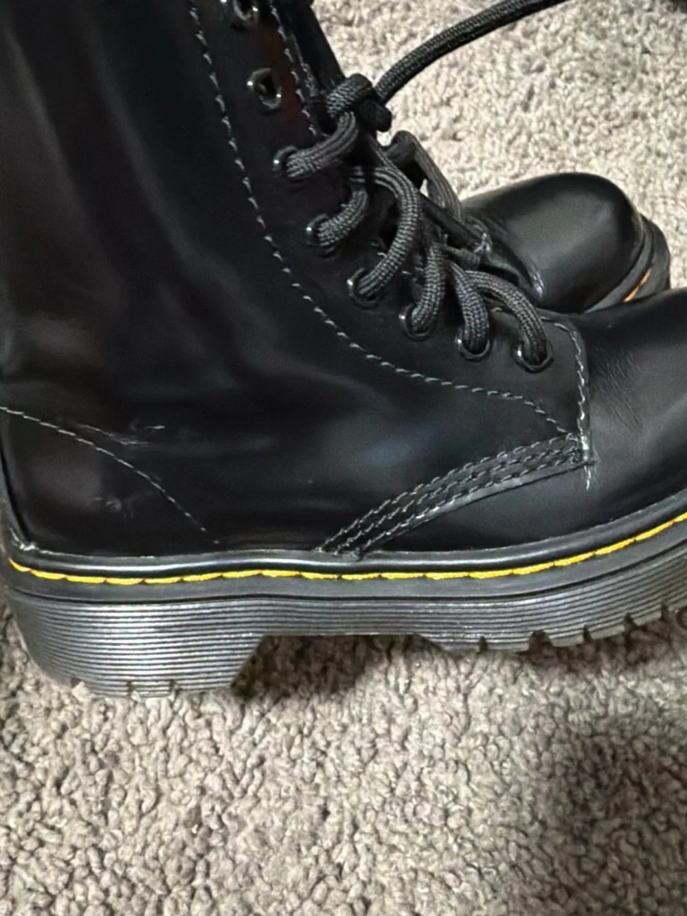 Dr. Martens Black Leather Lace-Up Boots with Yellow Stitching